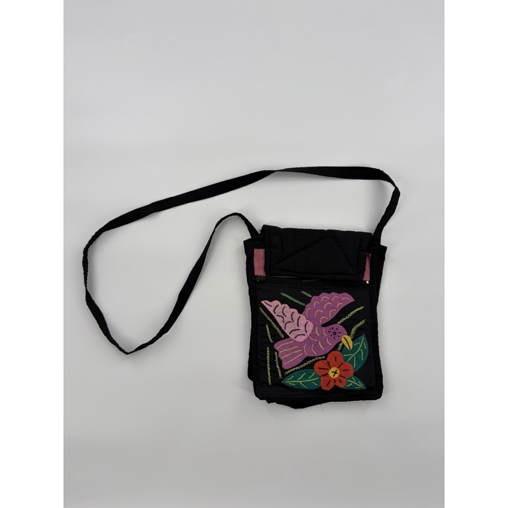 Panama Mola Hand Stitched Bird Floral Applique Crossbody Shoulder Bag Purse